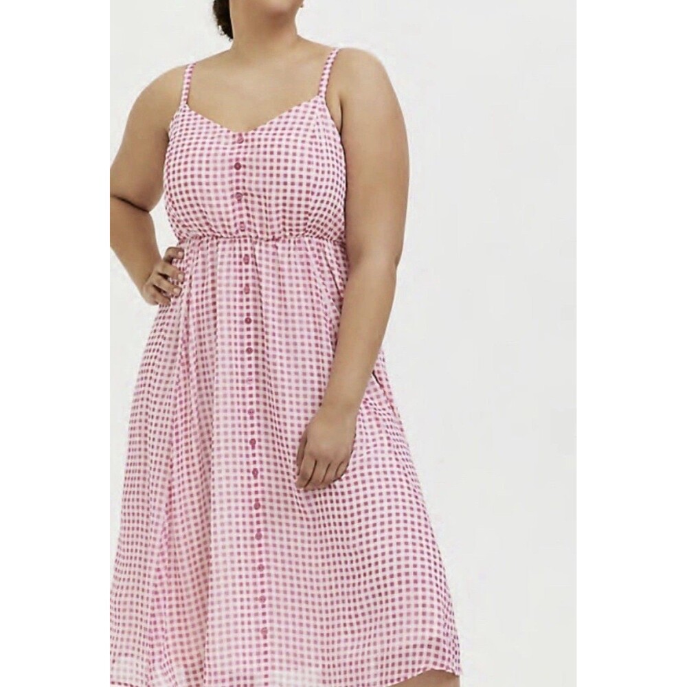 Torrid Gingham Midi Dress Womens 4x Pink Chiffon Button Detail Spaghetti Strap - Picture 2 of 12